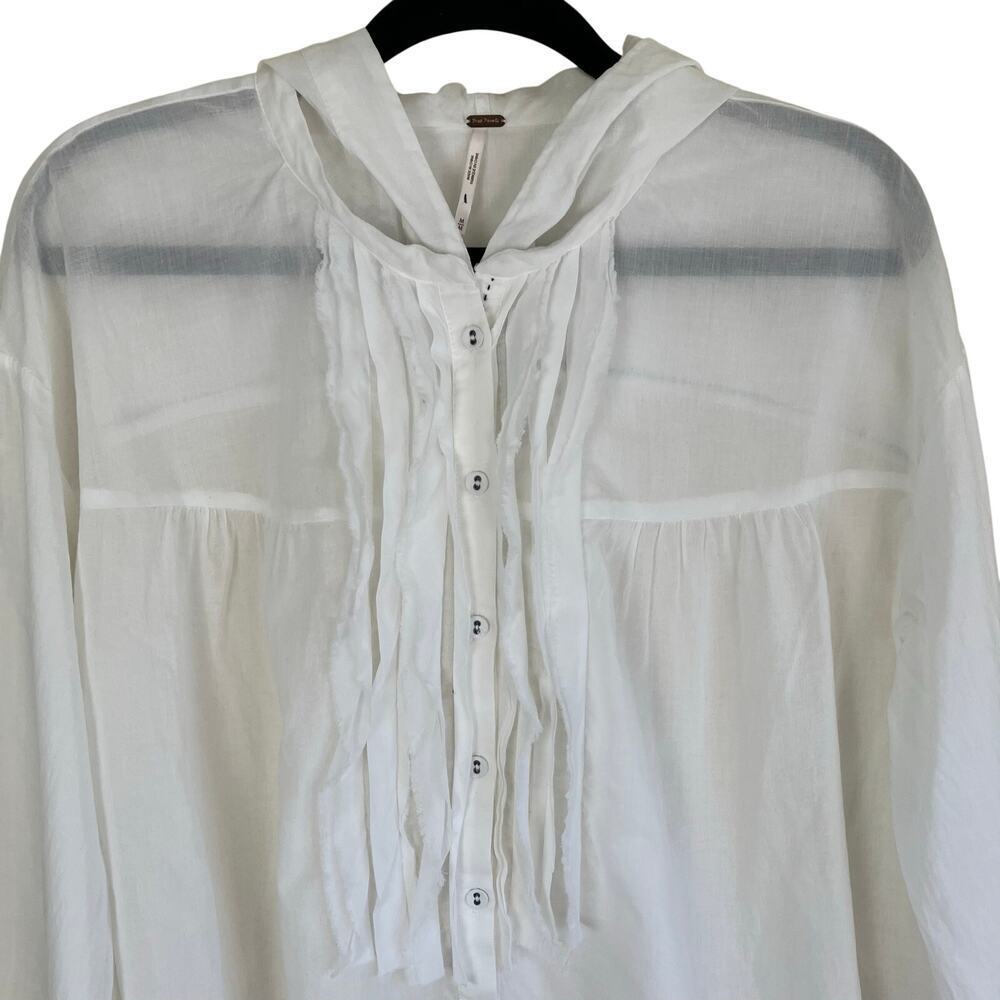 FREE PEOPLE Sz M White Breezy Button Down Shirt Hooded Blouse Raw Trims Cotton - Picture 4 of 16